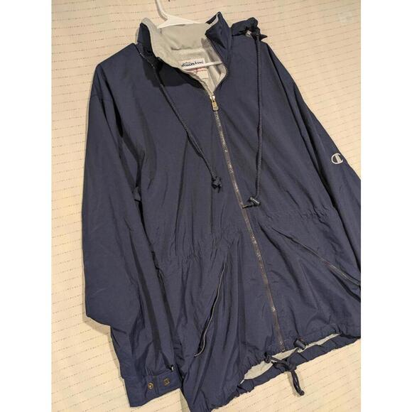 Champion Navy Blue Lightweight Windbreaker Jacket Nylon Mens Medium Rolled Hood - Picture 3 of 12